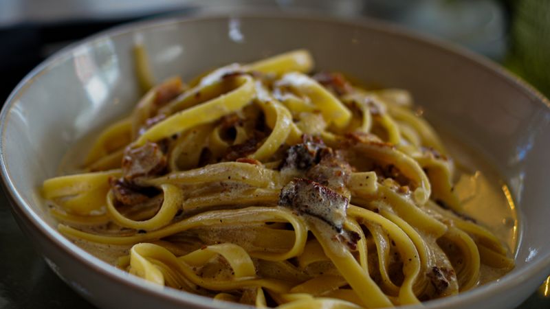 Creamy Pasta Carbonara with pancetta and egg sauce